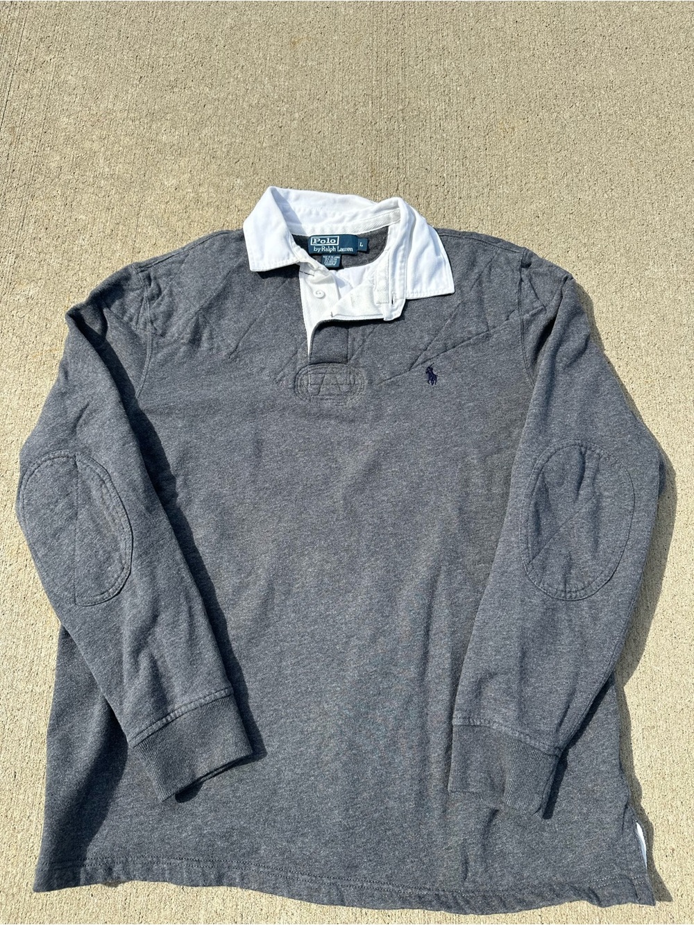 VintagePolo Ralph Lauren Charcoal Gray Long Sleeve Rugby Shirt with White Collar